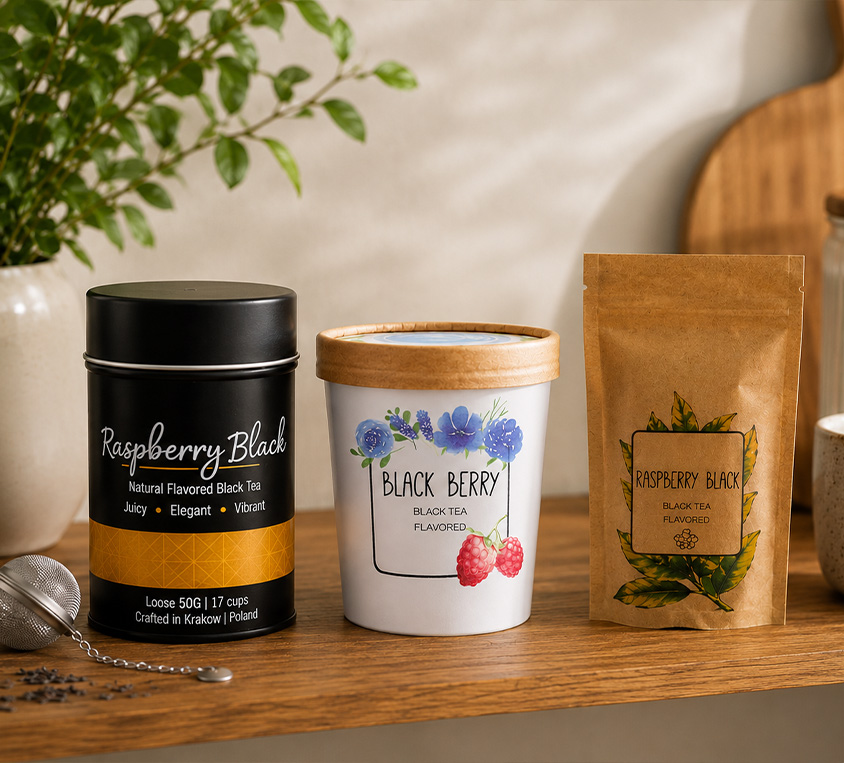Raspberry Black Leo Tea – elegancka puszka, doypack i kubek prezentowy